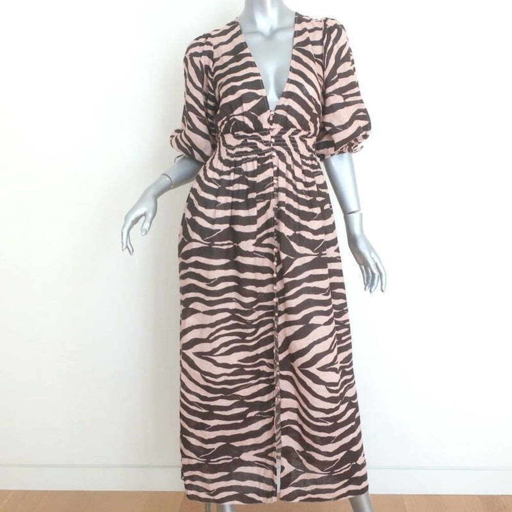 Zimmermann Puff Sleeve Midi Dress Juniper Brown Zebra Print Linen Size 0 - Picture 1 of 9